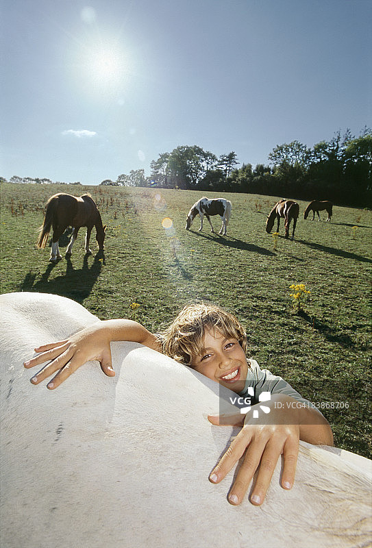 笑容满面的年轻男孩拥抱白色马背图片素材