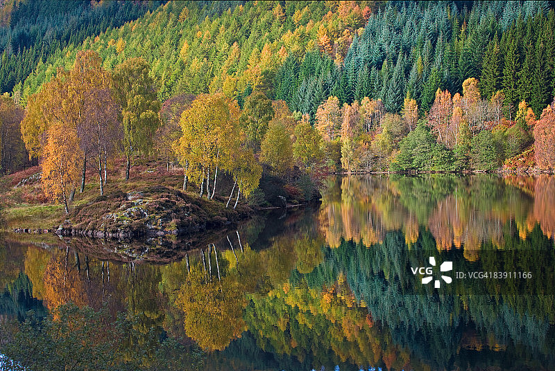 图梅尔湖的秋季倒影，珀斯郡图片素材
