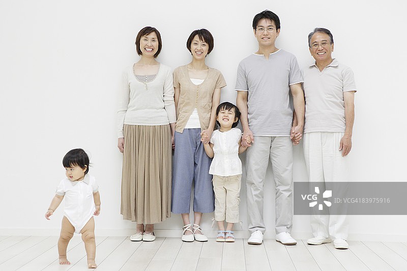 多代同堂家庭的肖像，女婴蹒跚学步图片素材