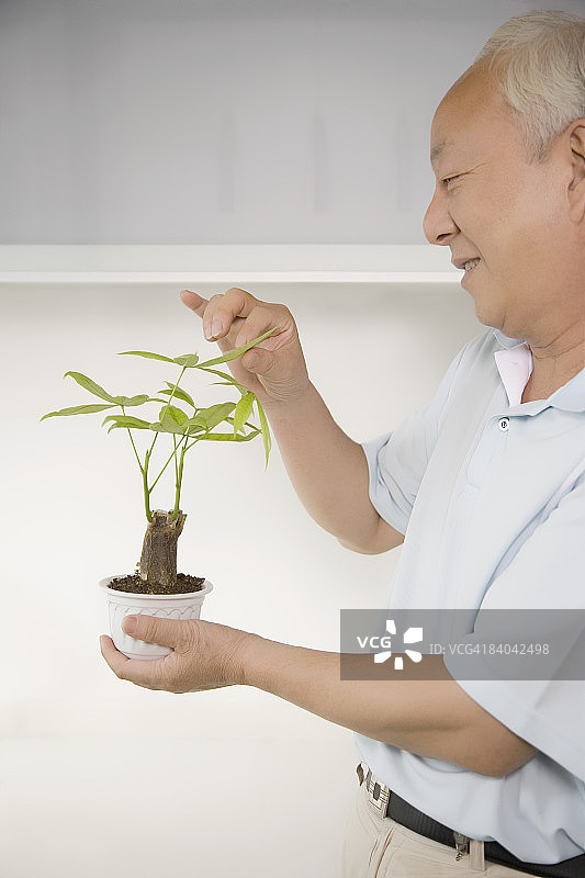 手持盆栽植物的成熟男子侧面照图片素材