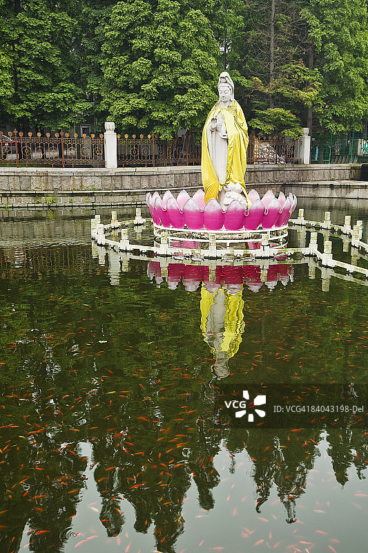 中国山东省青岛市湛山寺，水中雕像和树木的倒影图片素材