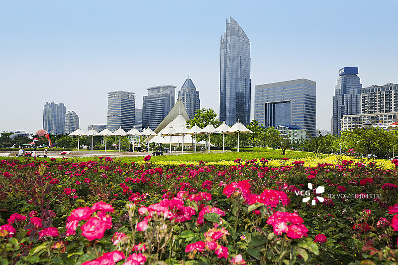 中国山东省青岛市，背景建筑物的正式花园图片素材