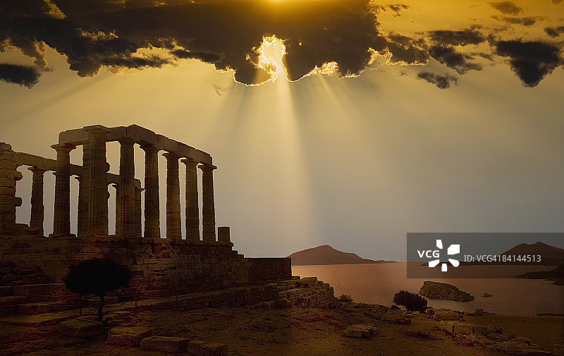 希腊苏尼翁海岬波塞冬神庙日落景色图片素材