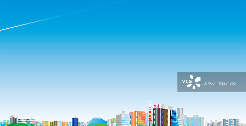 日本东京城市天际线与天空中的飞机尾迹图片素材