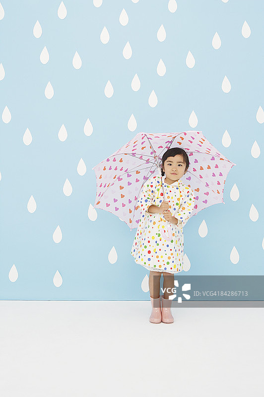 穿着雨衣、打着伞的女孩图片素材