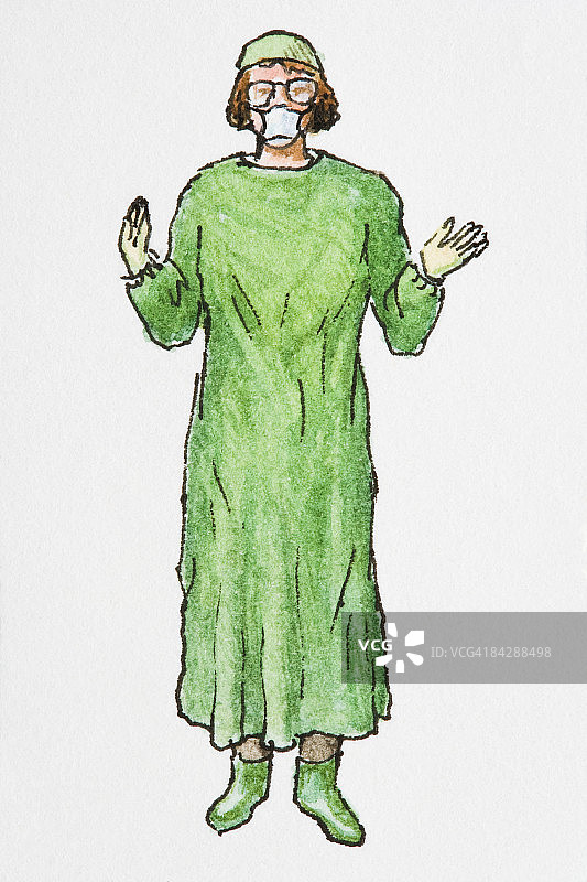 身穿绿色手术服、戴帽子、靴子、口罩和眼镜的女外科医生插画图片素材