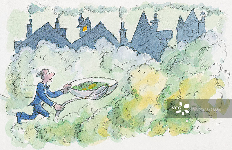 在烟囱排放的黄绿色烟雾中奔跑的男人卡通，拿着超大碗豌豆汤和勺子图片素材