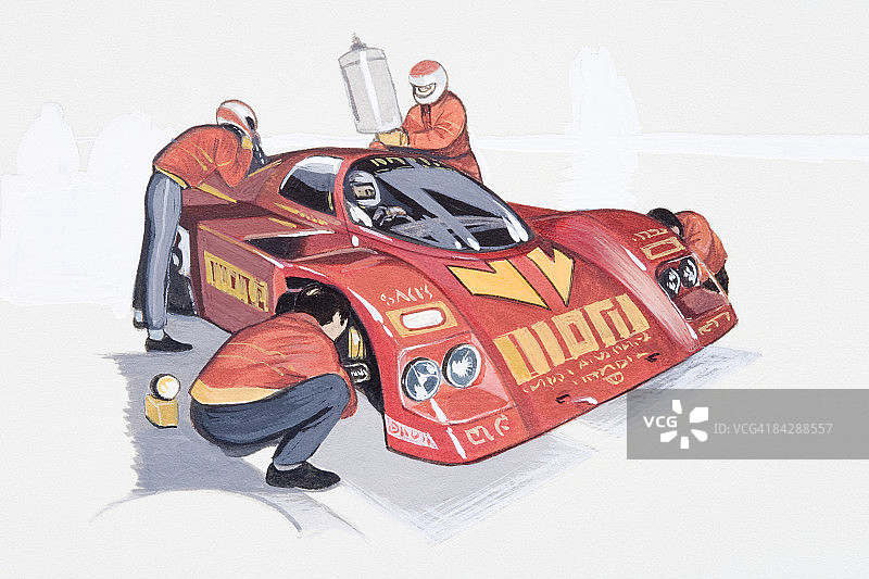 车队在维修站修理赛车的插画图片素材