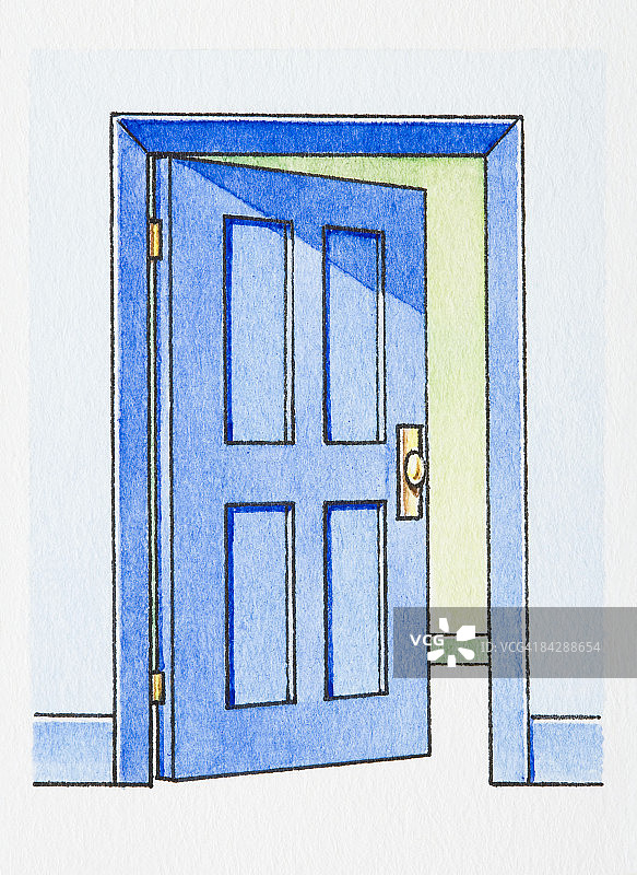 房子里半开的蓝色门插画图片素材