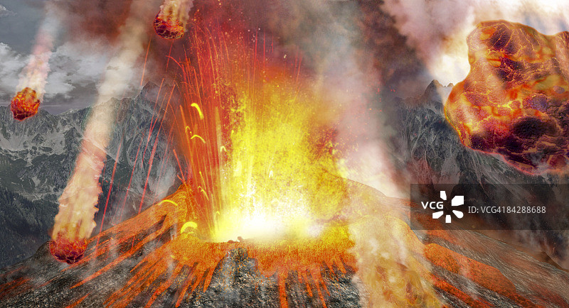 火山喷发与空中火球的数字图像图片素材