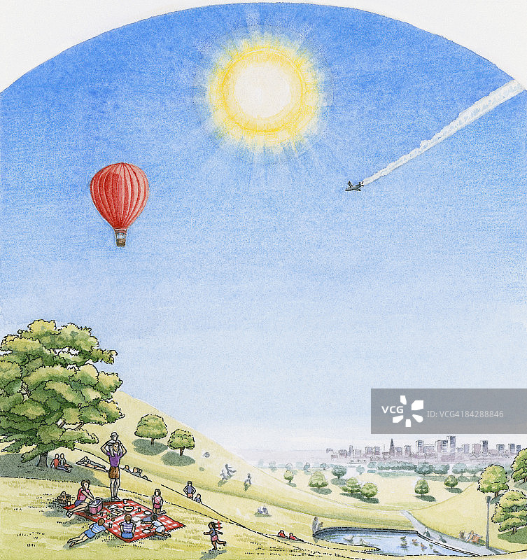 一家人在茂盛的山坡上野餐，俯瞰城市景观插画图片素材