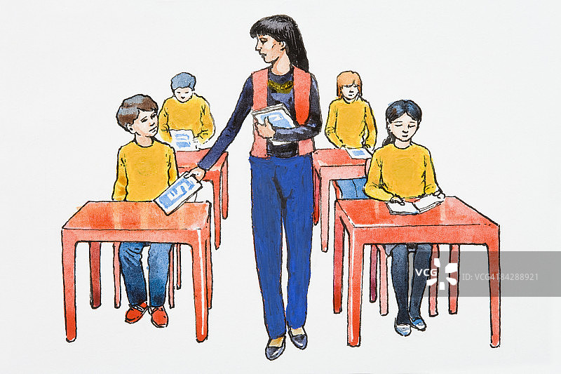 老师给小学生发书插画图片素材