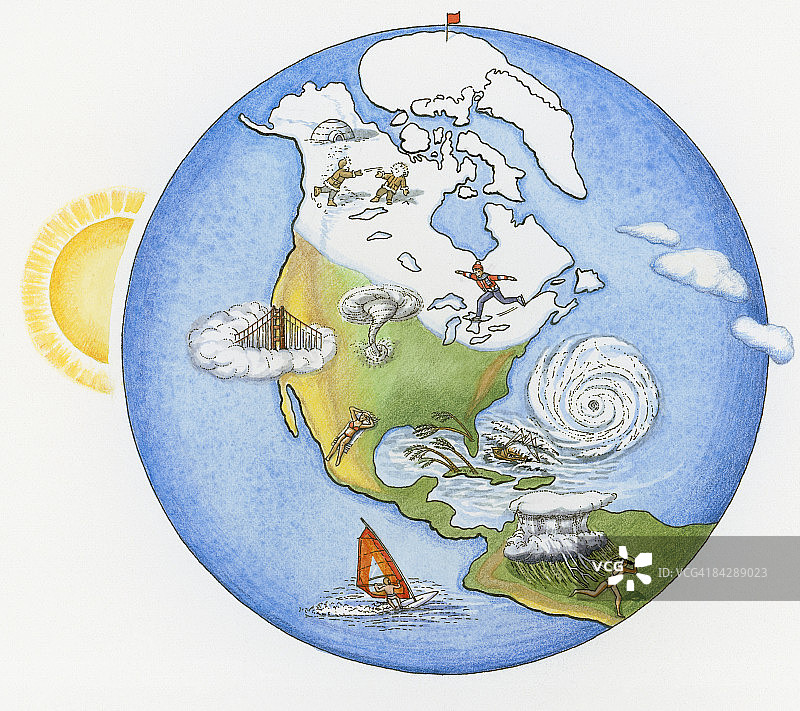 世界不同地区各种天气状况插画图片素材