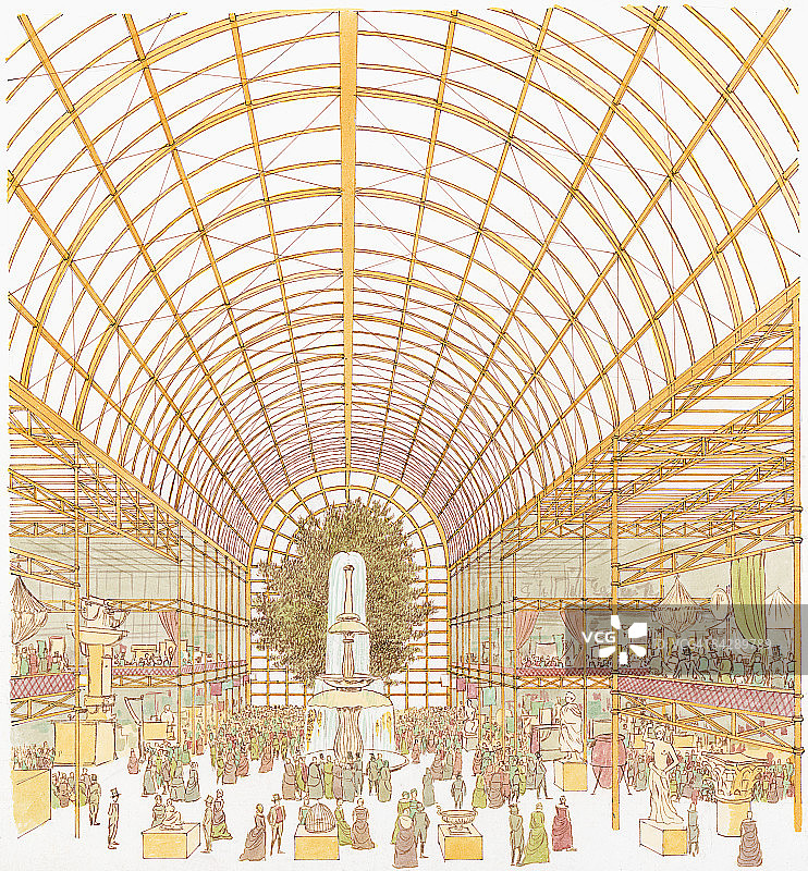 1851年万国工业博览会水晶宫内游客插画图片素材