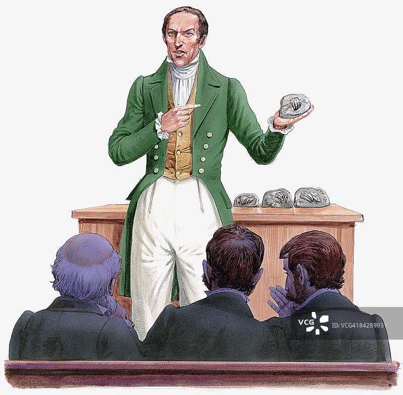 19世纪古生物学家吉迪恩·曼特尔在观众面前手持禽龙牙齿化石的插画图片素材