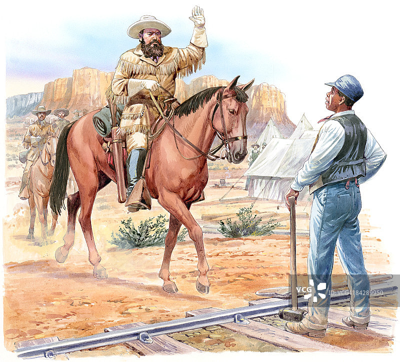 骑马的古生物学家奥斯尼尔·马什与站在铁路轨道上的马修·兰德尔打招呼插画图片素材