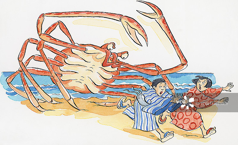 日本蜘蛛蟹追逐沙滩上的男人和女人的卡通图片素材