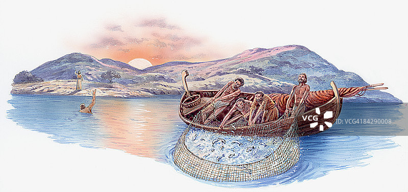 耶稣站在加利利海边，彼得游向岸边，门徒西蒙、安德烈、雅各和约翰拉着捕获的鱼上船的插图图片素材