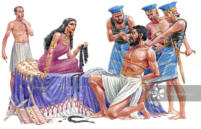 黛利拉坐在床上，拿着从参孙剪下来的头发，参孙被绑起来跪在地上，士兵们在拉绳子图片素材