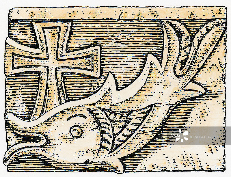 十字架与鱼黑白插画图片素材