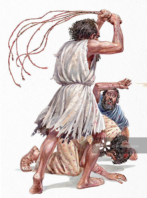 被邪恶附身的男人手持鞭子站在头顶，两个斯凯瓦之子受伤跪在地上的插图图片素材