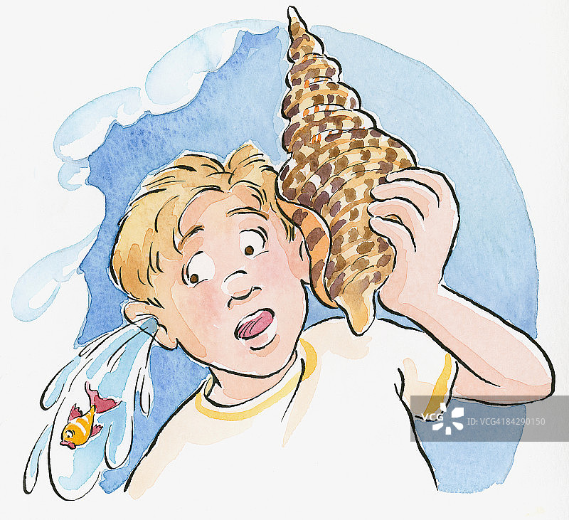 男孩拿着大海螺贴在耳朵上，鱼和水从另一只耳朵里流出的惊讶表情卡通图片素材