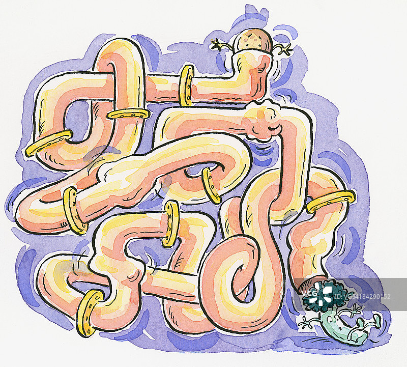 人类回肠卡通：食物通过消化系统的扭曲管道和阀门图片素材