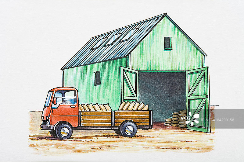 谷仓旁皮卡车运送麻袋插画图片素材