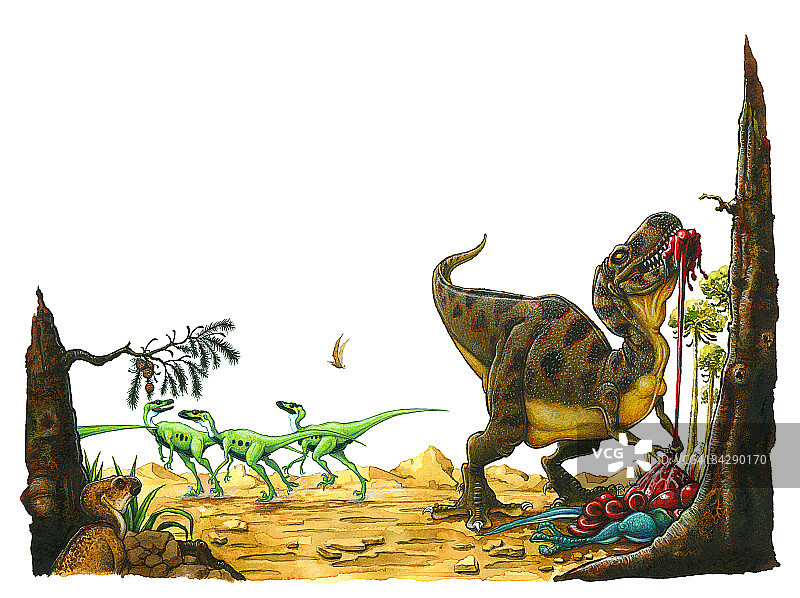 小型棱齿龙仰望霸王龙撕咬恐龙，绿色恐龙群逃离图片素材