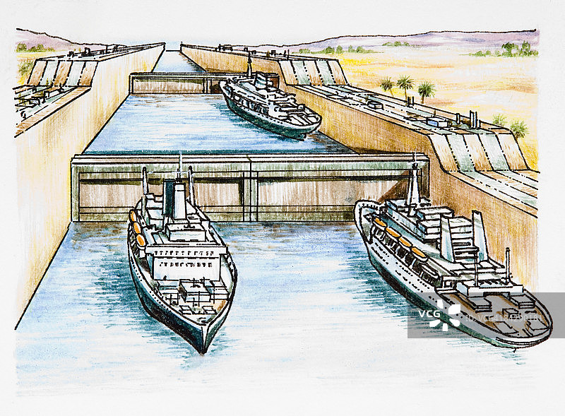 运河船闸中一排邮轮插图图片素材