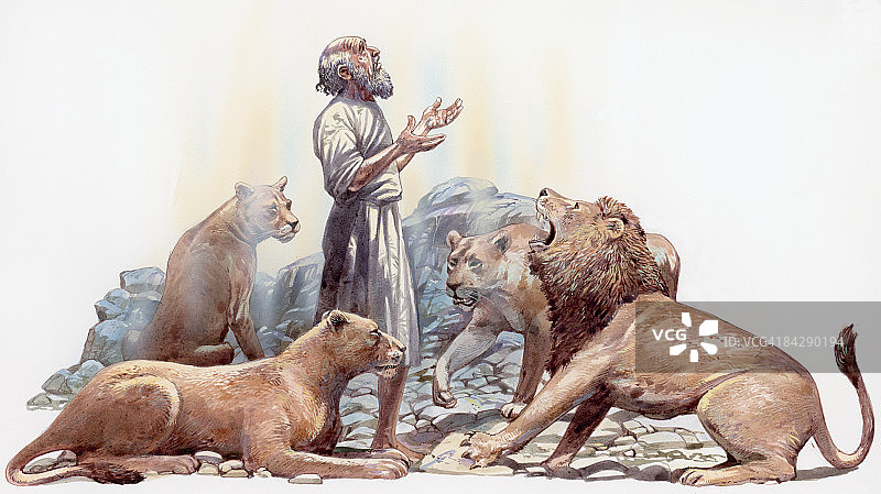 希伯来先知但以理在四只温顺狮子中祈祷的插图图片素材