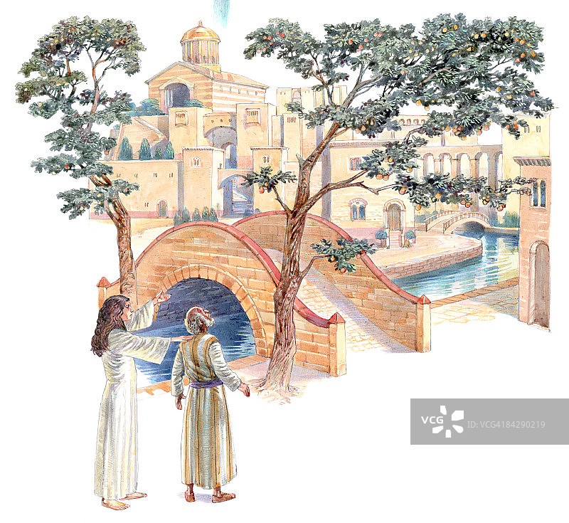 天使在异象中向约翰展示耶路撒冷圣城插画，生命之水在桥下流淌，生命之树在其岸边生长图片素材