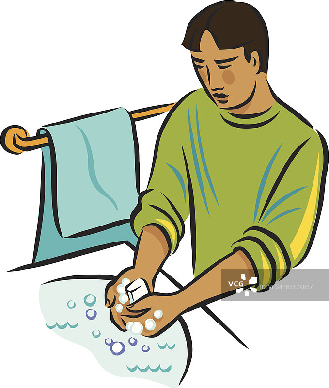 男人在水槽里用肥皂洗手，旁边放着一条毛巾图片素材