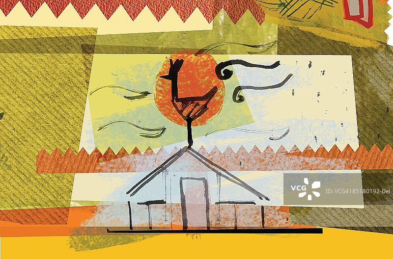 谷仓屋顶上的公鸡拼贴画图片素材