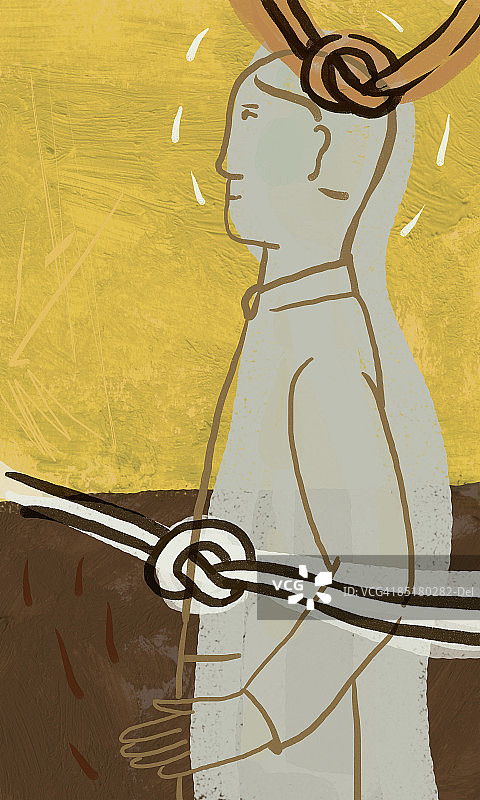 头部和腹部被绳结束缚的男人插画图片素材