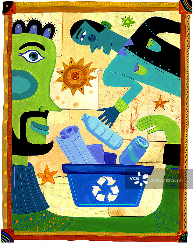 两个男人将垃圾丢进回收箱图片素材