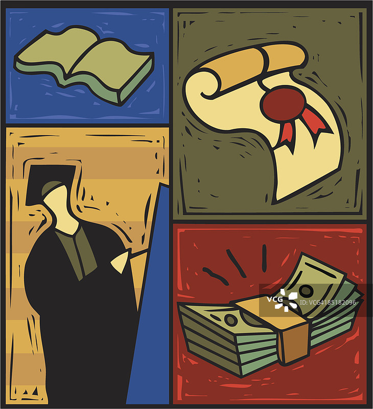 书本、文凭、金钱与毕业生的蒙太奇图片素材