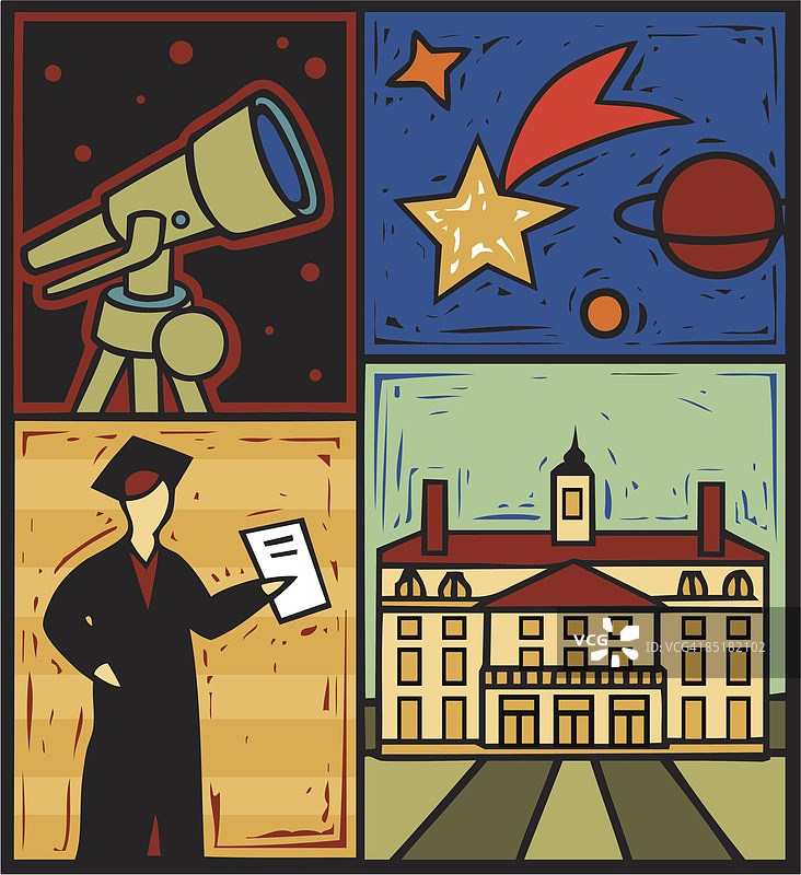戴着帽子和毕业礼服、拿着文凭的学生、望远镜、星星和行星以及大学的蒙太奇图片素材