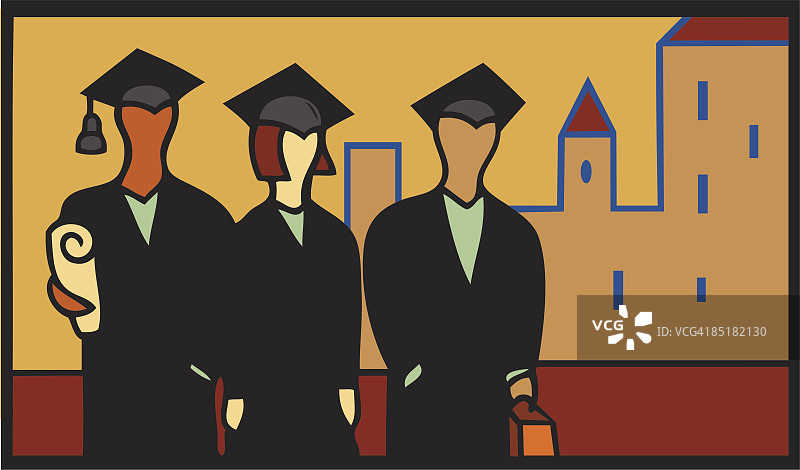 三个戴着帽子和礼服的毕业生插画，背景是建筑物图片素材