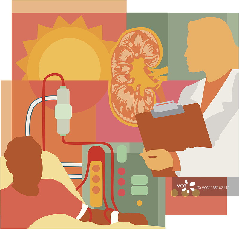 肾脏、医生、太阳和透析患者拼贴画图片素材