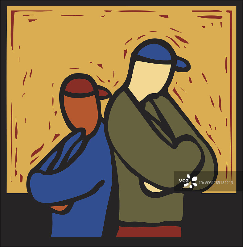 戴着帽子、背靠背、交叉双臂的两个年轻人插画图片素材