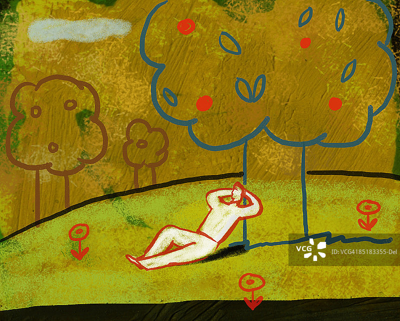 躺在果树下放松的男人插画图片素材