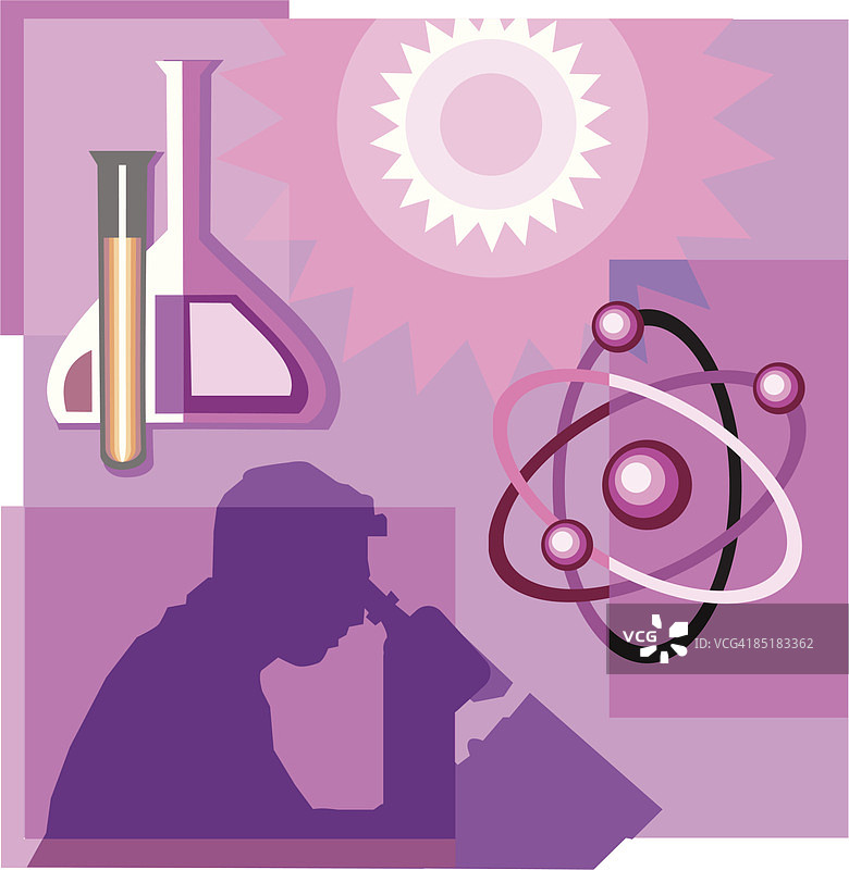关于现代科学的合成插图，包含分子、化学物质和科研人员图片素材