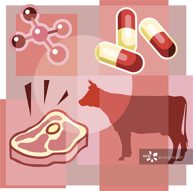 关于肉类中抗生素的合成插图，包含药丸、分子、奶牛和牛排图片素材