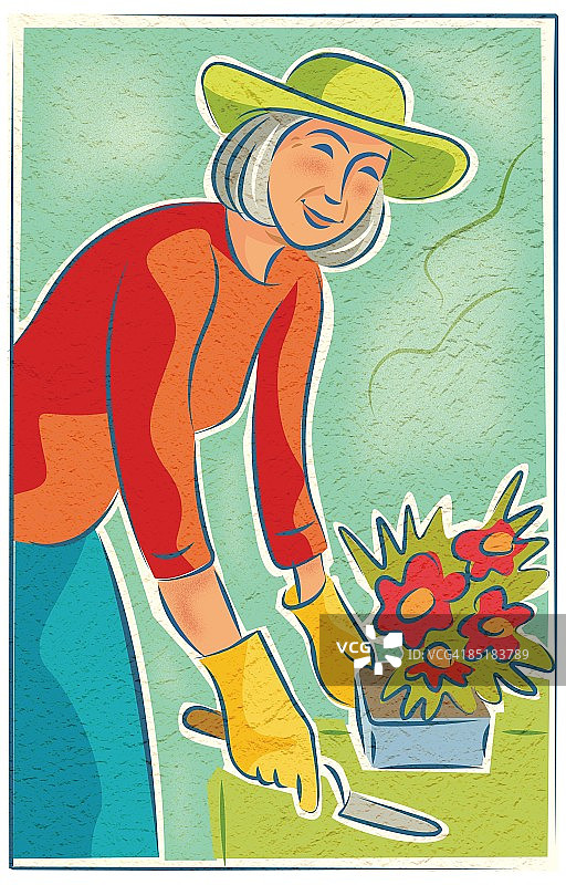 一位年长的女人在盆栽花卉图片素材