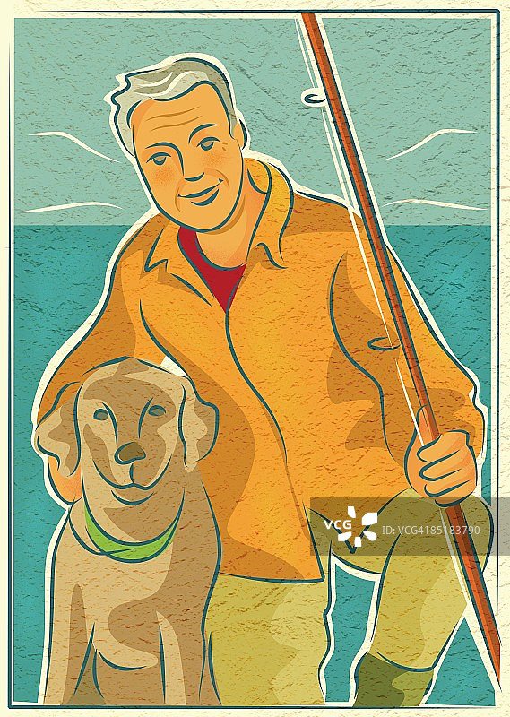 一位老人带着狗在水边钓鱼图片素材