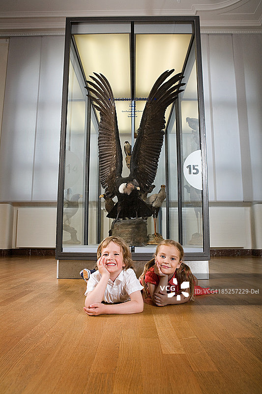 在博物馆里抱着毛绒鹰的孩子们图片素材