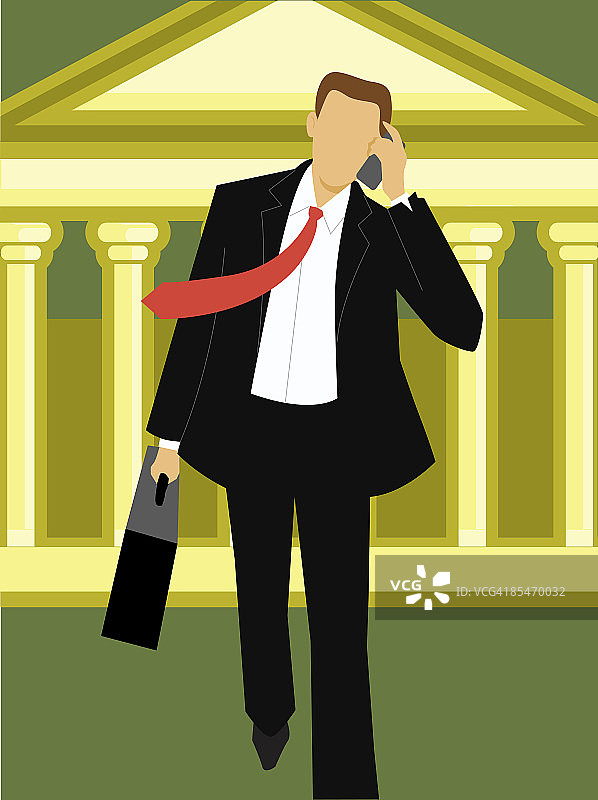 在机构风格建筑前，手提公文包用手机通话的商人图片素材