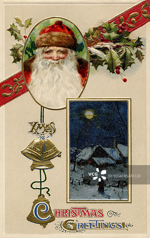 圣诞老人、铃铛和圣诞场景复古贺卡图片素材