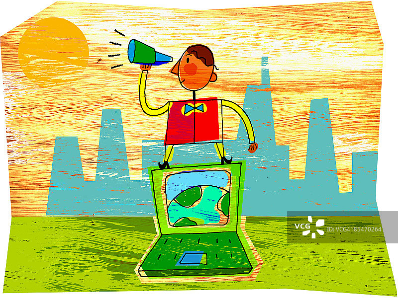 男人站在笔记本电脑旁，使用望远镜，背景是城市景观图片素材